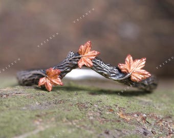 Custom Hand-carved Twig Maple Leaf Nature Engagement Ring, Solid 925 Sterling Silver Rhodium Finish,Stackable Ring Perfect Gifts for Women