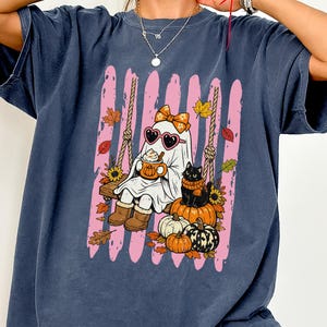 Cute Ghost Fall Shirt Cozy Halloween Ghost Tee Pumpkin Ghost Shirt Black Cat Autumn Graphic Fall Coffee Shirt Spooky Season Gift