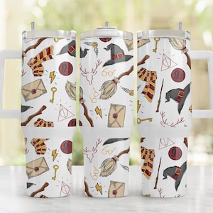 May include: Three white travel mugs with a repeating pattern of wizarding school-themed illustrations. The design includes a scarf, lightning bolts, a broom, a hat, and a key. Each mug has a white handle and lid.