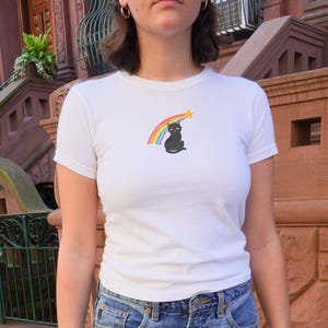 Cat Rainbow Baby Tee, Pinterest Aesthetic, 90s Retro Graphic Shirt, Y2K Baby Tee, Retro Illustration, comfort colors, summer tee