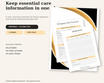 Caregiver Binder Printable & Fillable PDF, Medical Organizer, Elder Care and Medication Tracker