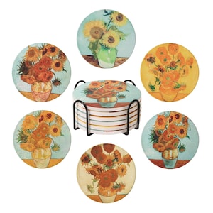 Van Gogh Sunflower Coasters Set of 6 – Ceramic Drink Coasters with Holder – Absorbent Artistic Coaster Set for Coffee Table & Home Decor