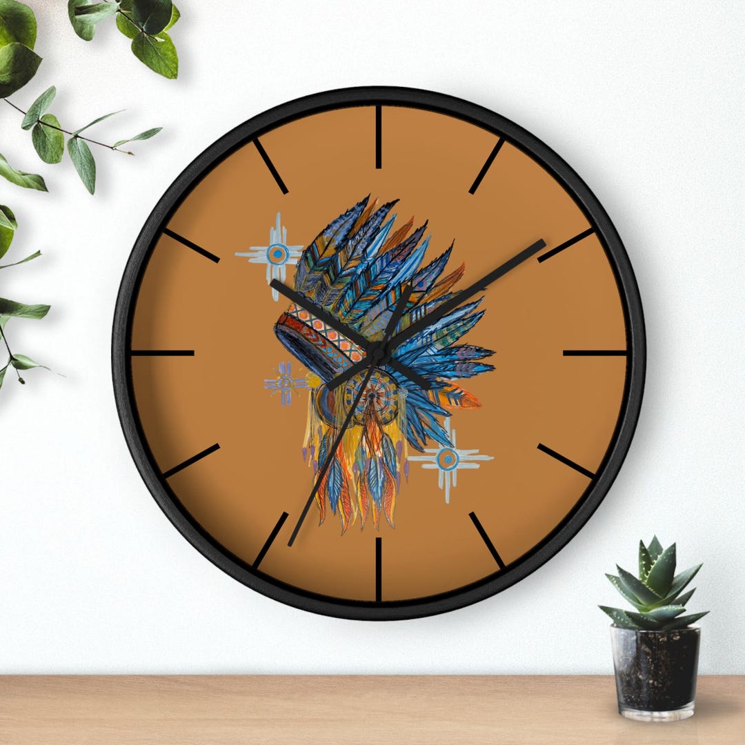 Native American Headdress Wall Clock | Hand Drawn Art Boho Native ...