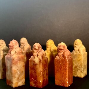 May include: A collection of seven rectangular stone seals, each topped with a carved lion figure. The seals feature varied mottled textures and colours, ranging from deep reddish-brown and orange to pale yellow and cream, with a smooth, polished finish.
