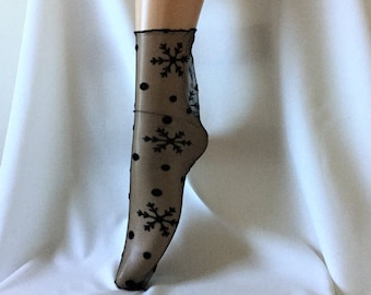 Valentines day gift ideas, women Harajuku Glitter star socks, lace socks, transparent black tulle socks, mesh bow fishnet sock hosiery