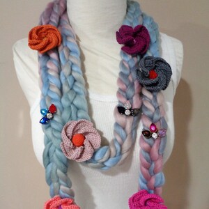Valentines day gift ideas, lariat scarf, chunky yarn, crochet flowers