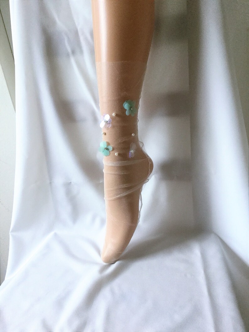mesh bow fishnet sock hosiery lace socks transparent sky blue tulle socks Mothers day gift ideas women Harajuku Glitter star socks
