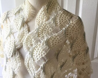 Valentines day gift, Wedding ivory crochet shawl, ivory beaded shawl, scarf, gift under 75, women accessories, gift for girl, handmade gift