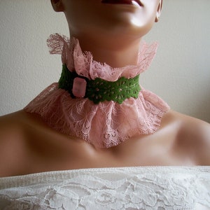 Christmas gift ideas, light pink cotton lace with green felt necklace scarf gift for girl mom christmas