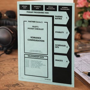 May include: A teal Pilot's Pocket Checklist card with the text "Romance Configuration" and "Relationship Data." The card has black text and graphics, including numbered sections and a date, 14th Feb 2024.