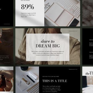 May include: A collection of presentation slides with a minimalist design. The slides feature text, including "dare to DREAM BIG" and "THIS IS A TITLE", along with a percentage graphic. The color palette is primarily black, white, and neutral tones.