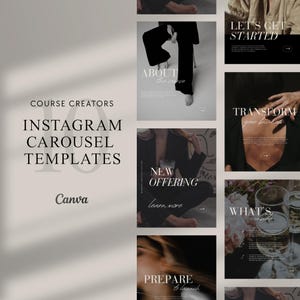 Puede incluir: Plantillas de carrusel de Instagram para creadores de cursos. El diseño presenta una paleta de colores neutros con superposiciones de texto como "About the course", "New Offering" y "Let's Get Started". El logotipo de Canva también es visible.