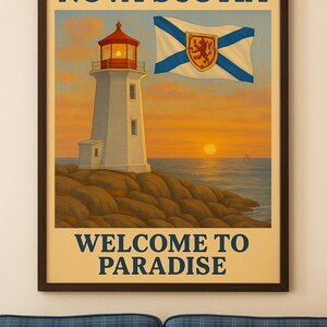 Póster de Peggy's Cove, arte vintage "Bienvenido al Paraíso", impresión costera, decoración marítima de Nueva Escocia, regalo de Canadá