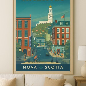 Póster vintage de viaje de Halifax, Nueva Escocia, arte mural urbano, impresión del centro histórico de Halifax, decoración digital