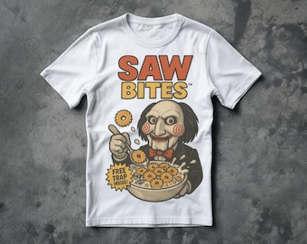 Saw Bites Horror Cereal Box PNG | Billy the Puppet Clipart | Scary Breakfast Art | Creepy Retro Food Label | Halloween Printable