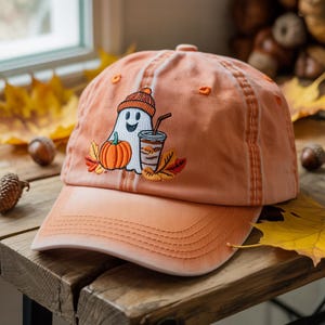Cute Ghost Drinking Embroidered Basseball Cap, Halloween Floral Daisy Embroidery Washed Hat, Spooky Season, Pumpkin Cap, Halloween Hat