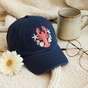 Lobster & Seashell Hat, Embroidered French Coastal Dad Cap, Adjustable Cotton Baseball Hat, Nautical Gift for Beach Lovers
