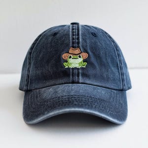 Cowboy Frog Embroidered Hat, Cute Cottagecore Frog Dad Cap, Yeehaw Frog Hat Gift, Washed Navy Aesthetic Baseball Cap