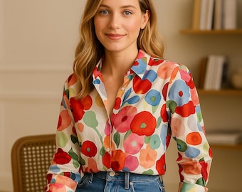 Boho Floral Blouse for Women | Long Sleeve Shirt with Turn-Down Collar, Loose Fit, Button Down - Spring Summer 2025