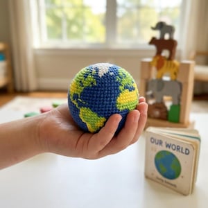 以下が含まれることがあります： 手で持たれた青、緑、黄、白の地球儀の編みぐるみ。地球儀の直径は約7.6cmです。背景には、動物の形をした木製のおもちゃスタッカーと「Our World」というタイトルの本があります。