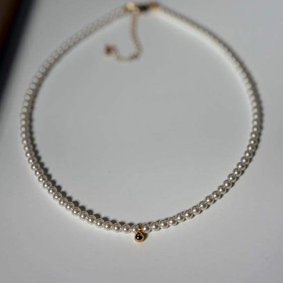Dainty Pearl Choker Necklace: 24k Gold Plated Beads, 3mm Shell Pearl
