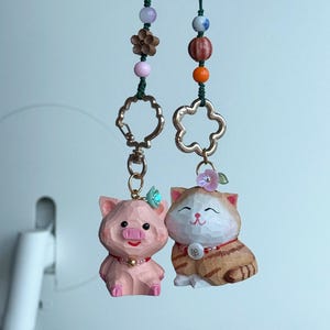 Hand-Carved Linden Wood Cat & Pig Keychain: Smiling Animal Charm