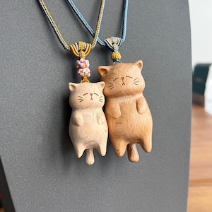 木製猫ネックレス、手作り木製ペンダント、かわいい猫木製チャーム