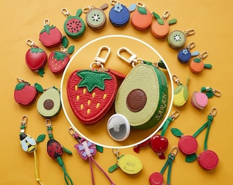 Personalized Fruit Keychain Coin Purse – Vegan Leather Bag Charm, AirTag Holder