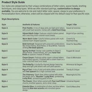 May include: A product style guide chart with a light green background and black text. The table lists styles A through K, detailing aesthetic features like letter colours, spacer beads, knotting techniques, and clasp types for custom jewellery.