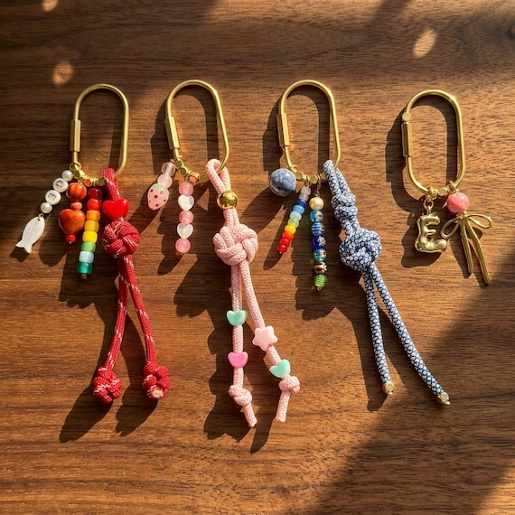 Custom Beaded Bag Charm, Y2K Initial Keychain, Lucky Knot Paracord Accessory