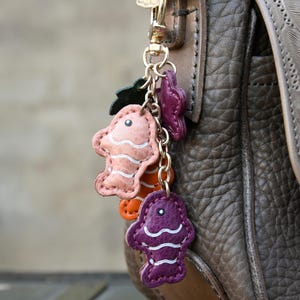 Handmade Leather Fish Keychain: Strawberry & Carrot Bag Charms