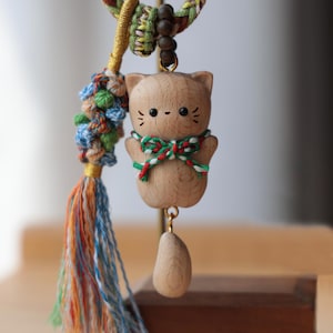 Wooden Cat Keychain - Whimsical Kitten Pendant with Scarf Tassel, Nature Inspired Bag Charm Gift