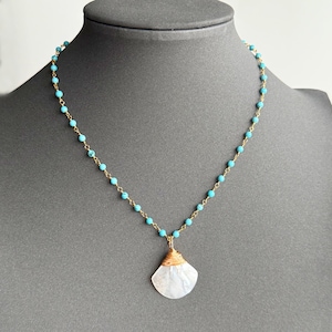Turquoise Choker Necklace: Shell & Pearl Pendant, Layering Gemstone Jewelry