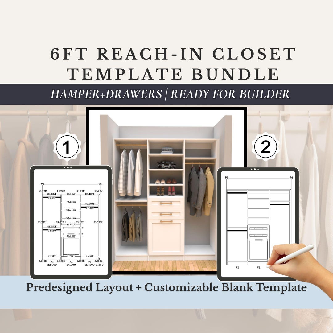Reach-in Closet Planner Template Printable PDF | 6ft Closet Design ...