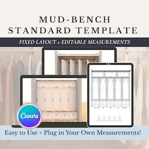 Puede incluir: Una plantilla digital para el diseño de un banco de barro, mostrada en un portátil y una tableta. El diseño presenta un banco con almacenamiento y un diseño fijo. El texto dice "MUD-BENCH STANDARD TEMPLATE" y "FIXED LAYOUT + EDITABLE MEASUREMENTS". El logotipo de Canva es visible.