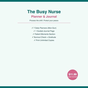 May include: A digital planner titled "The Busy Nurse Planner & Journal" with a teal and pink color scheme. The planner includes daily planners, a guided journal page, a patient moments section, and a burnout check with gratitude. The text "Process the shift. Protect your peace." is also included.