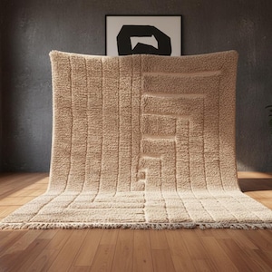Handmade Moroccan Wool Rug, Minimal Geometric Berber Carpet, Custom Size