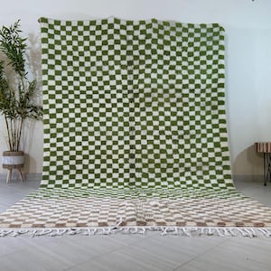 Large Moroccan Checkered Green Rug – Handmade Wool Beni Ourain Carpet – Berber Checkerboard Area Rug 9x12 – Custom Moroccan Rug