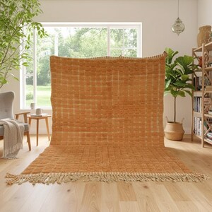 May include: A large, rectangular, orange rug with a textured, grid-like pattern. The rug has a fringe along the bottom edge. The rug is displayed indoors on a hardwood floor, with a window and greenery in the background.