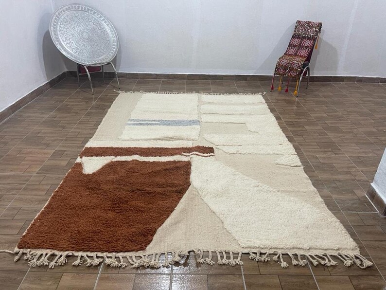 View of Handwoven Wool Rug, Geometric Moroccan Berber Style, Ivory Rust Gray ...