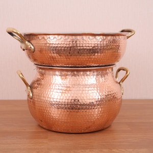 Handcrafted Moroccan Copper Couscous Pot with Brass Handles | Traditional Two-Tier Copper Cookware | Hammered Artisan Kitchen Decor