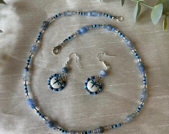 Blue Dragonfly Necklace and Earrings | Dragonfly Jewelry Set | Blue Beaded Jewelry