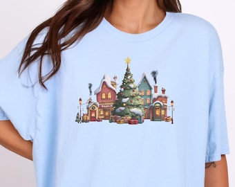 Christmas Town Scene T-Shirt, Winter Village Cotton Tee