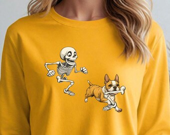 Skeleton Chasing Rare Cream Boston Terrier Halloween Long Sleeve T Shirt