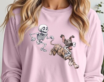 Fawn Dane Long Sleeve T-Shirt: Skeleton Chase, Halloween Dog Lover