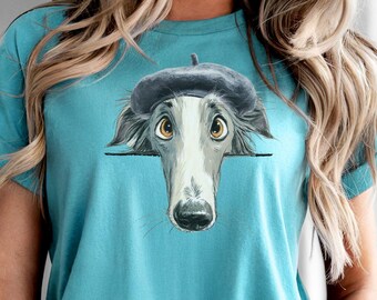 Silken Windhound French Beret Shirt with Elegant Dog Illustration