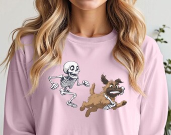 Skeleton Chasing Brussels Griffon Halloween Long Sleeve T Shirt