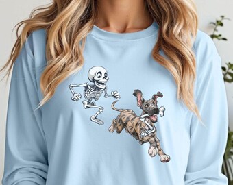 Brindle Dane Long Sleeve T-Shirt: Skeleton Chase Halloween