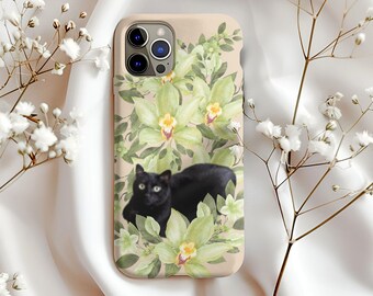 Coque iPhone Chat noir avec orchidées vertes, illustration botanique florale confortable