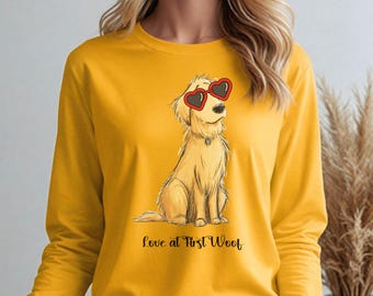 Golden Retriever Valentine T Shirt, Cotton, Heart Glasses Dog, Pink Red Sunglasses